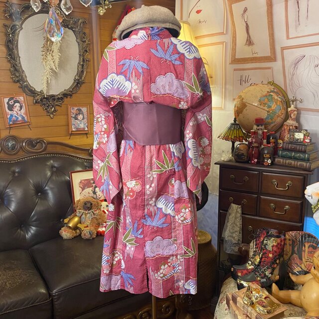 浴衣リメイク ワンピース ドレス 帯サッシュベルト 和洋折衷 レトロ
