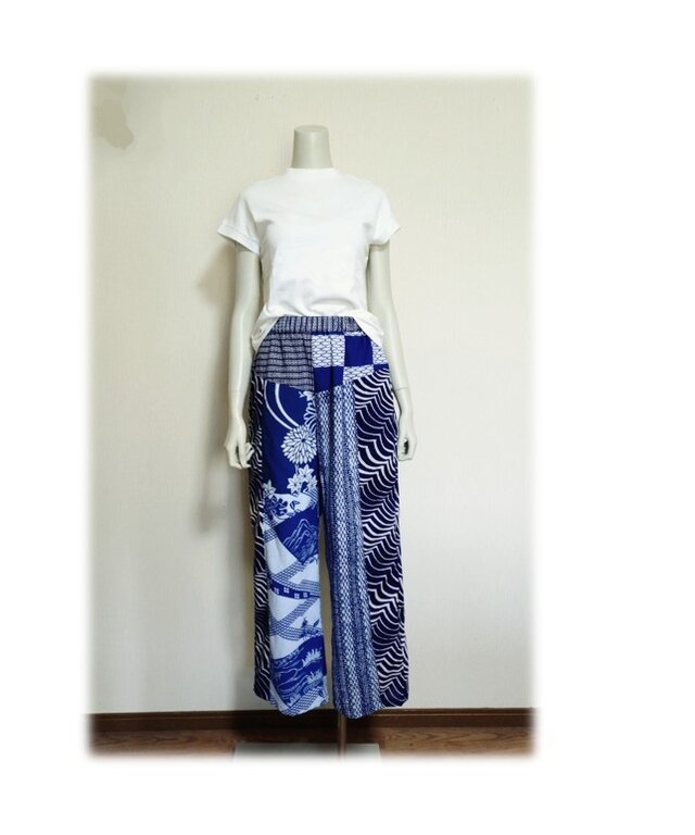 128　１点のみ　浴衣リメイク　ワイドパンツ　ロングパンツ　テーパードパンツ　パッチワーク　コットン