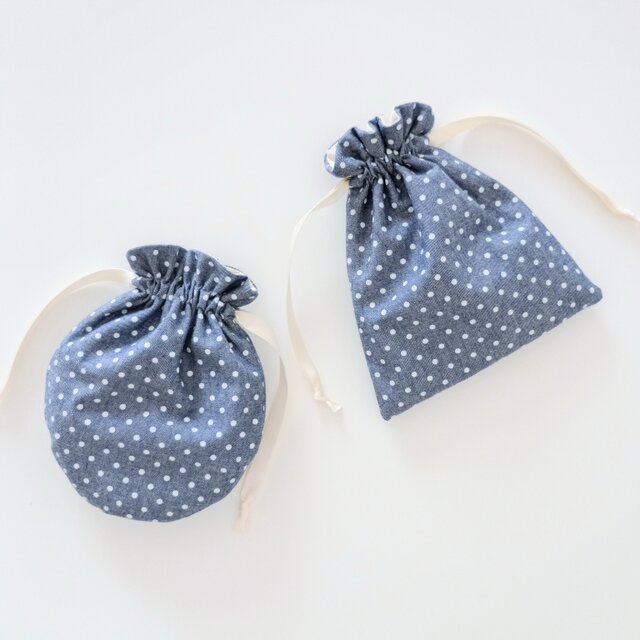 巾着ポーチ 丸or四角 シャンブレー 水玉 ハンドメイド