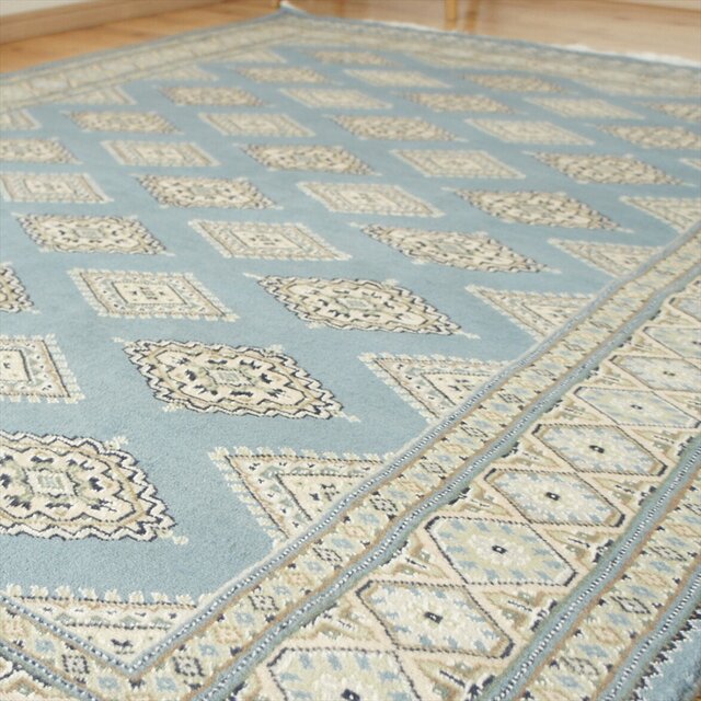 パキスタン絨毯 ラグ 201x141cm 軽くて畳める手織りラグ ブルー