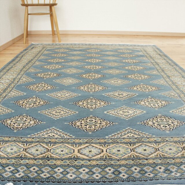 パキスタン絨毯 ラグ 201x141cm 軽くて畳める手織りラグ ブルー