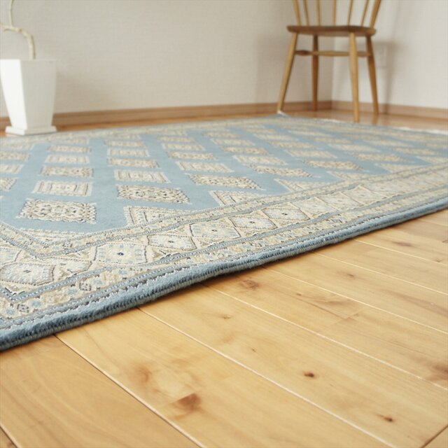 パキスタン絨毯 ラグ 201x141cm 軽くて畳める手織りラグ ブルー