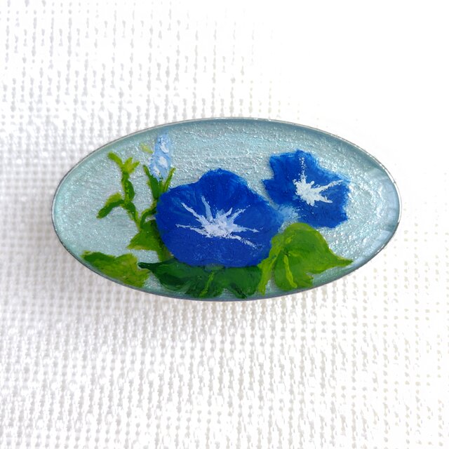 さわやかな朝顔の花＊手描きレジンの帯留め