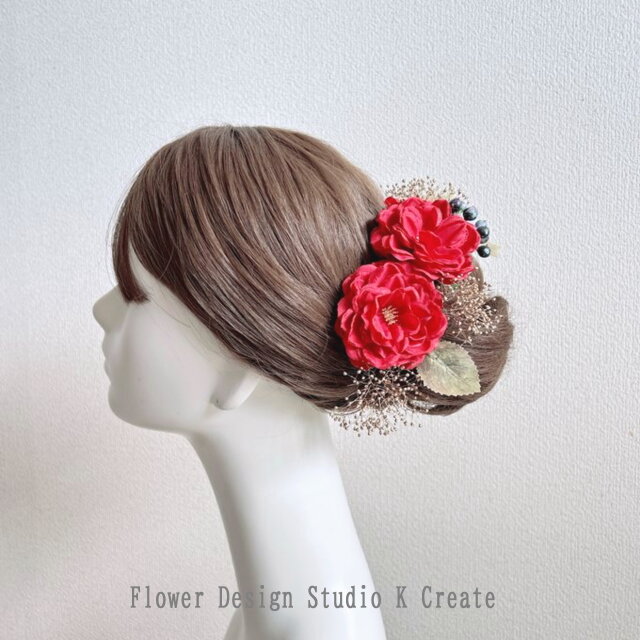 赤い薔薇とゴールドのカスミソウのヘッドドレス ウェディング