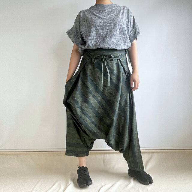 【1点もの】さんかくパンツ -絹着物地 西陣織紬 深緑に黄色のよろけ縞 （ヴィンテージ） TRP146