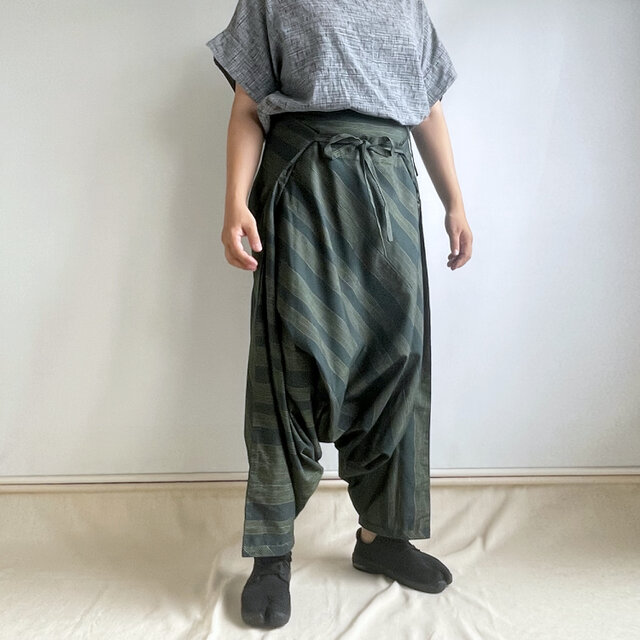 1点もの】さんかくパンツ -絹着物地 西陣織紬 深緑に黄色のよろけ縞