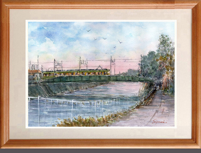 水彩画原画　江ノ電暮色・境川渡る　＃667 水彩画原画 江ノ電暮色・境川渡る ＃667 | iichi 日々の暮らしを