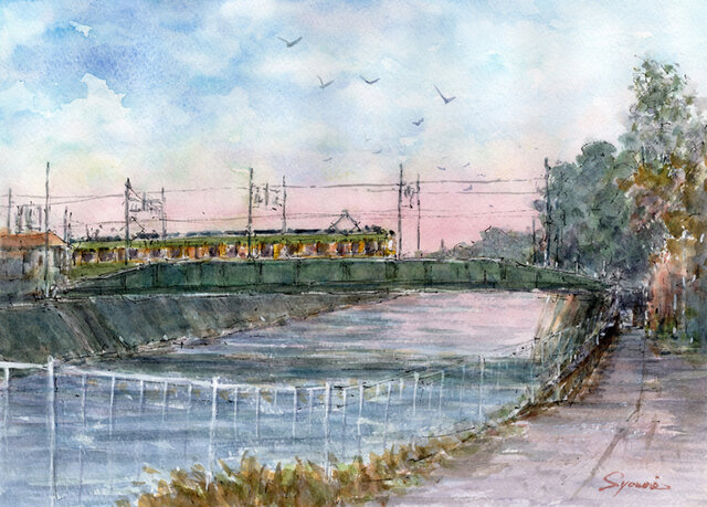 水彩画原画　江ノ電暮色・境川渡る　＃667 水彩画原画 江ノ電暮色・境川渡る ＃667 | iichi 日々の暮らしを