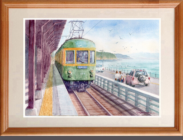 水彩画原画　江ノ電と湘南の海・日坂から　＃670 水彩画原画 江ノ電と湘南の海・日坂から ＃670 | iichi 日々の
