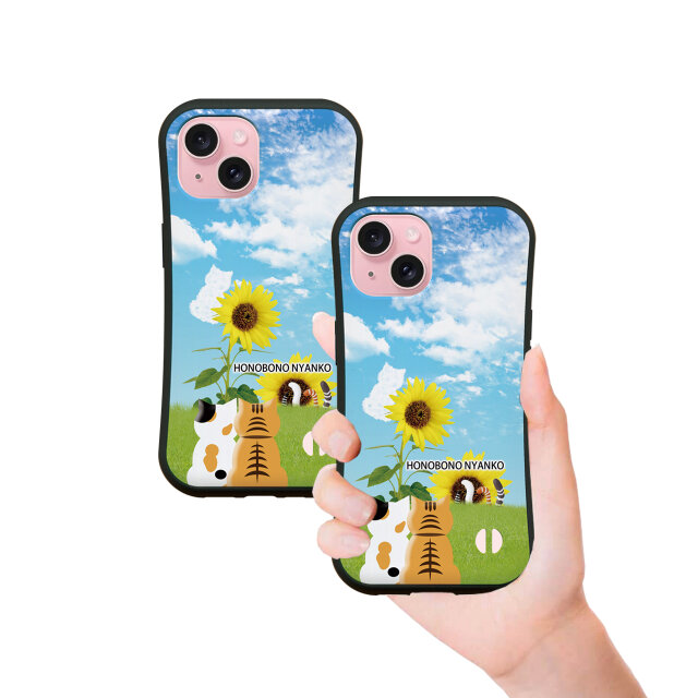 グリップケース iPhoneケース【ほのぼのにゃんことにゃんこのしっぽ（ひまわり）】（名入れ可）
