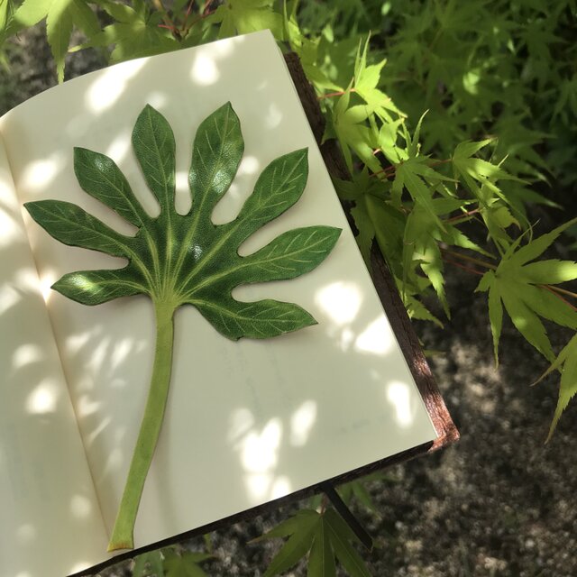 本革　葉っぱ　ヤツデ　ブックマーク