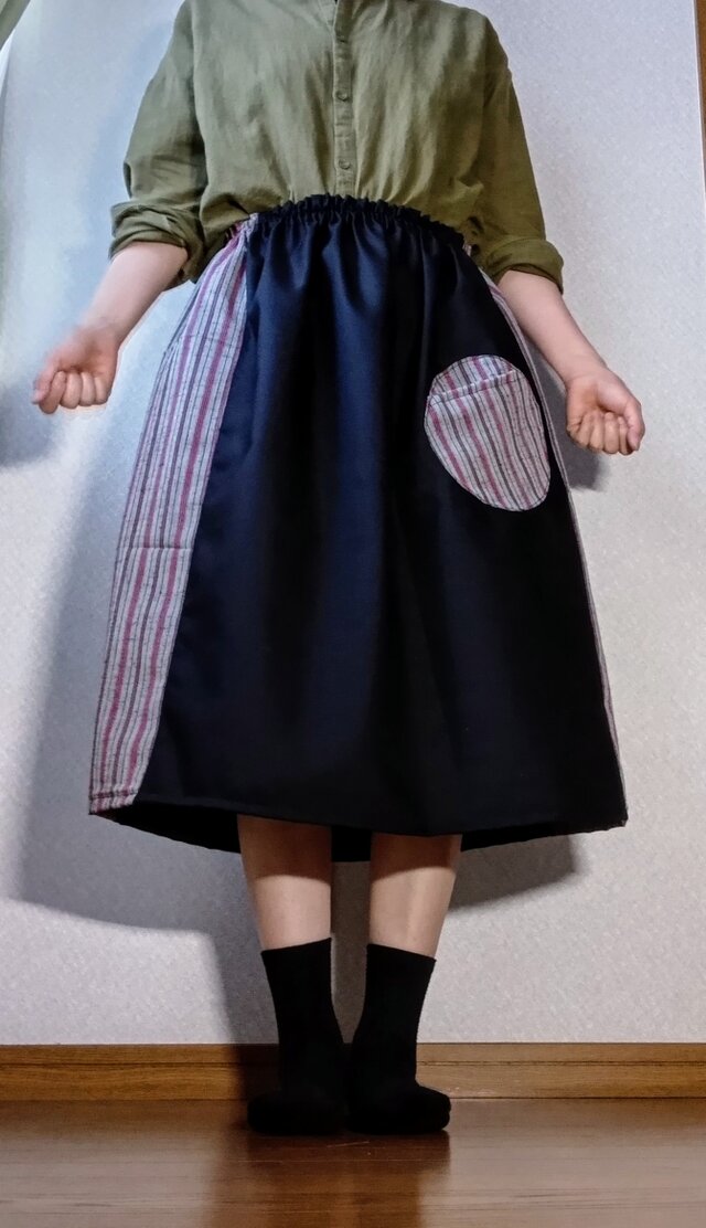 黒スカート木綿着物レトロ可愛いスカートウエストゴムポケット丸い涼しげ爽やか個性的