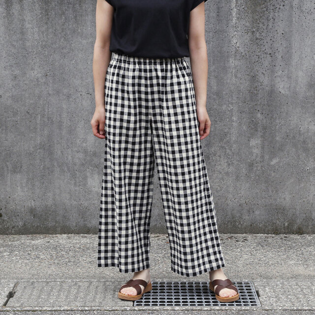 【即納】播州織 綿麻 ワイドイージーパンツ（ギンガムチェック）リネン 白 黒 ポケット