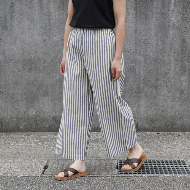 【即納】播州織 綿麻 ワイドイージーパンツ（ストライプ）リネン 白 黒 ポケット 紺 ネイビー