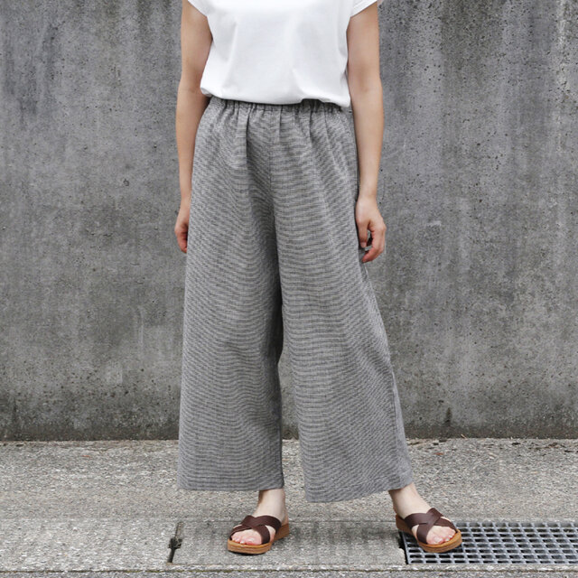 【即納】播州織 綿麻 ワイドイージーパンツ（千鳥格子）リネン 白 黒 ポケット チェック