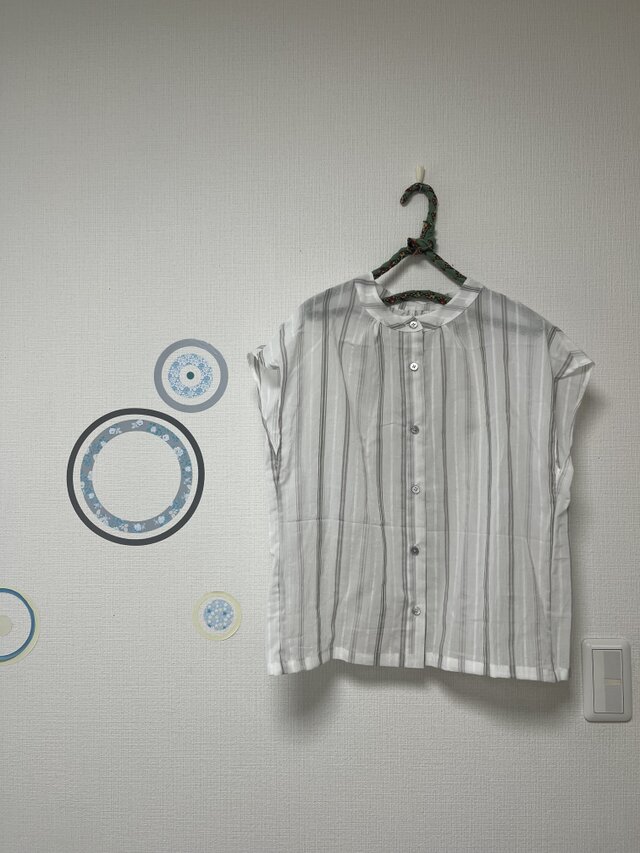 【再販】毎日着られる大人服　フレンチスリーブブラウス　コットンボイル　ストライプ