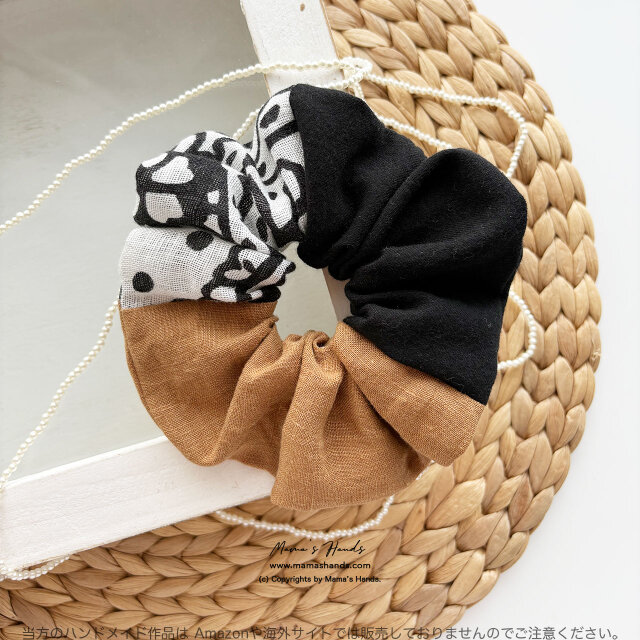 ⭐️3点売れました⭐️ 《大人のモロッコ》おしゃれ ブラック × テラコッタ x ペイズリーの パッチワーク シュシュ