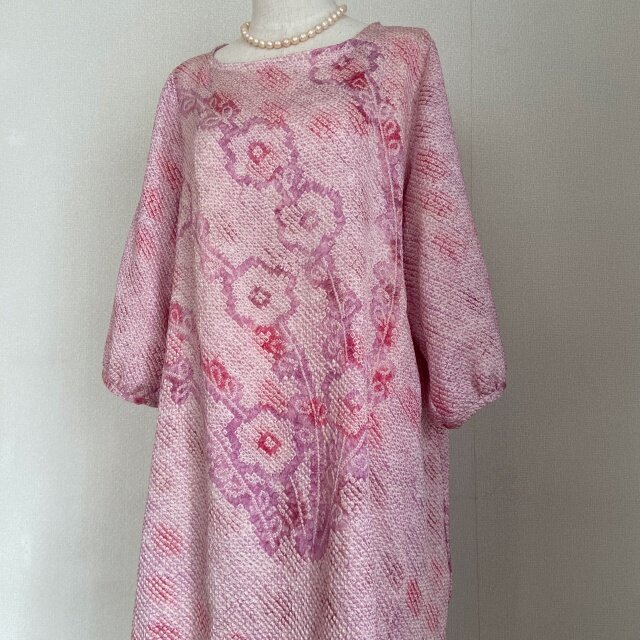 総絞り／着物リメイク／ワンピース ★サイズLL～3L SALE】d27 4Lサイズ 着物ドレス＆サッシュベルト 着物リメイク