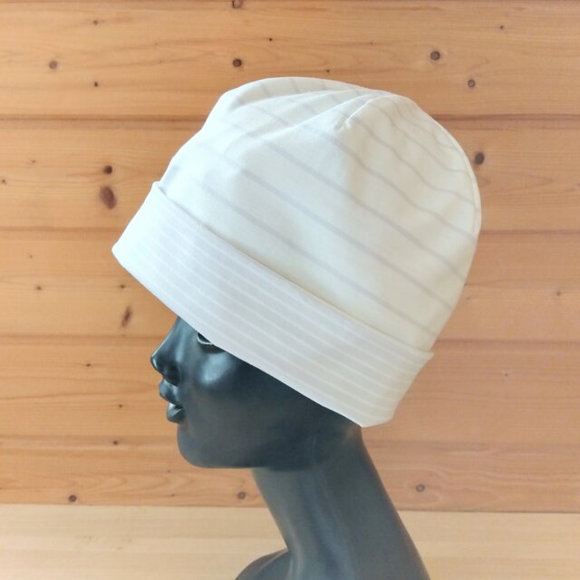 薄手ボーダーニット2種のリバーシブルケア帽子 [size56]＊(オフホワイト×グレイッシュラベンダー)