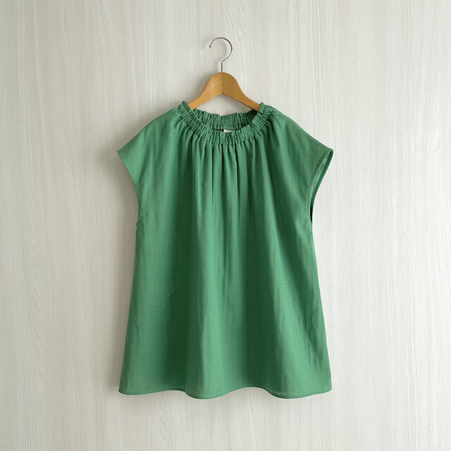 フレンチ袖クルーギャザープルオーバー_ダブルガーゼ綿100％_Green