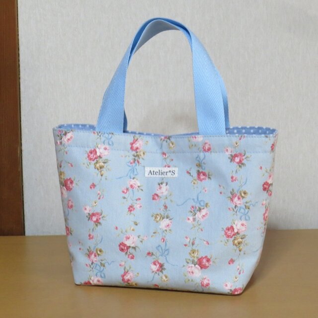 ミニトートバッグ★ローズ柄ストライプ（薄ブルー）