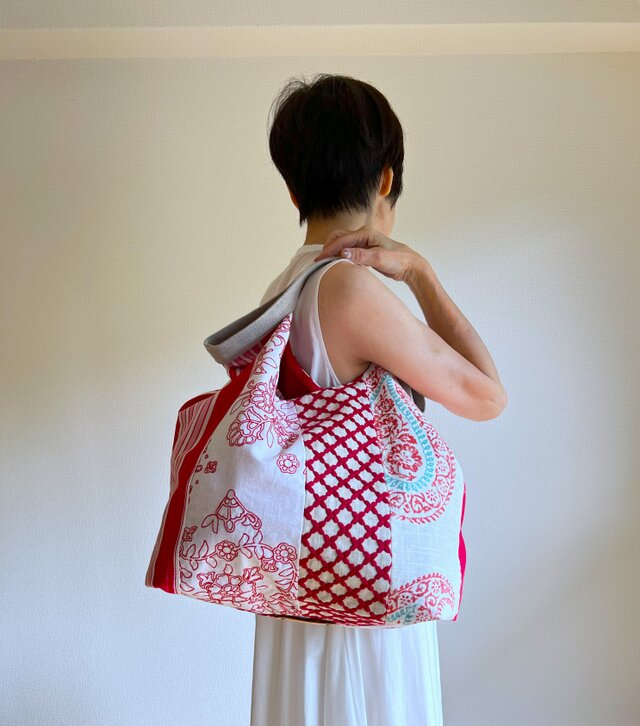でかくたBag　ラインパッチワーク　レッド系