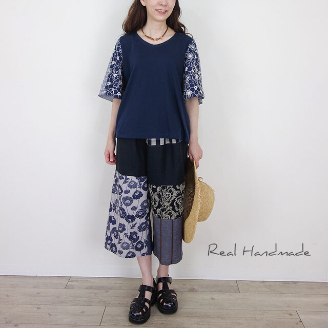 ラスト！[予約販売] ネイビー×花刺繍レースのひらり袖プル