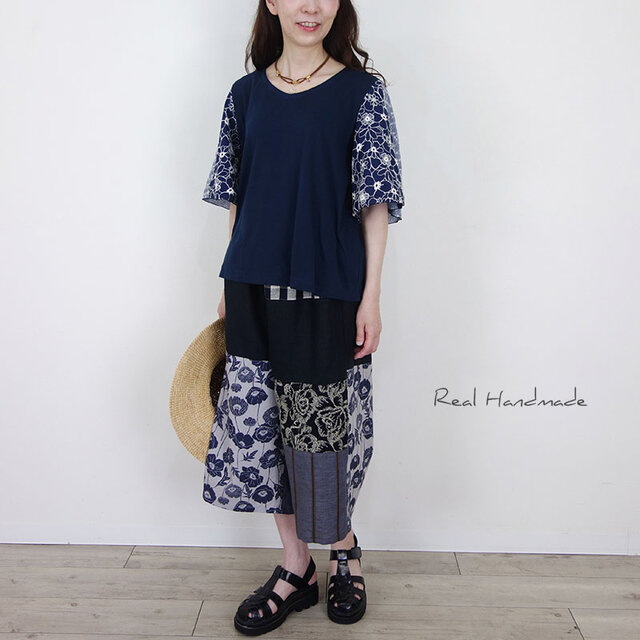 ラスト！[予約販売] ネイビー×花刺繍レースのひらり袖プル