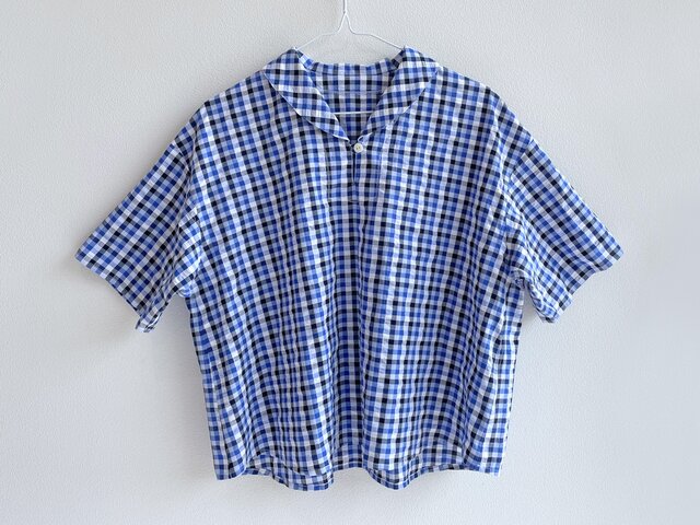 美品✨45R カディ コットン ブラウス ブルー チェック ゆったりシルエットのヘチマカラーTブラウス（播州織サッカー生地