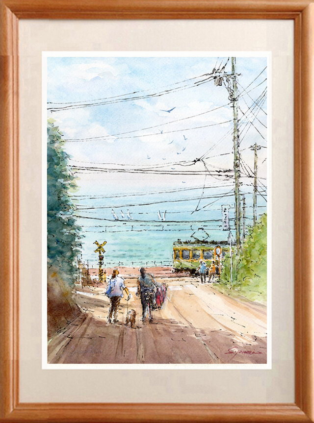 水彩画原画 江ノ電と湘南の海・日坂から ＃670 | iichi 日々の