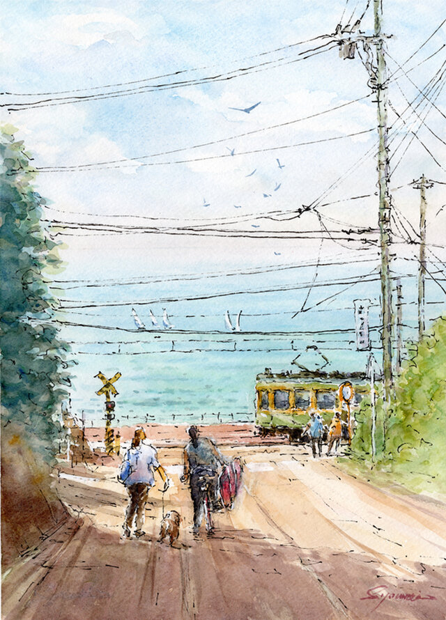 水彩画原画 江ノ電と湘南の海・日坂から ＃670 | iichi 日々の