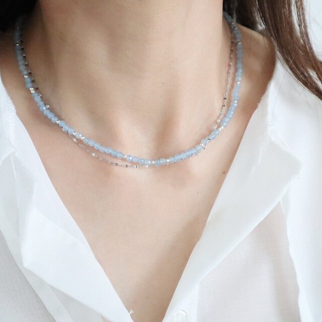 ＼からみにくいネックレス／ 天然石2連ネックレス＜ライトブルーカラージェード＞ 簡単マグネットクラスプ