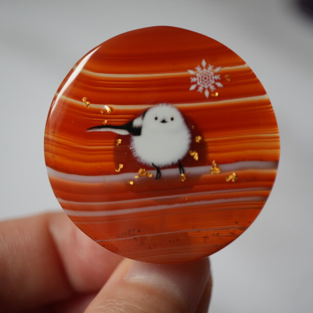 （一点物）天然石 サードオニキスとシマエナガのポニーフック（金沢箔24K入り） 帯留め ブローチ