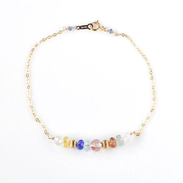 七色の極上カット天然石ハーモニー オレゴンサンストーンxタンザナイト　他　　ブレスレット14kgf