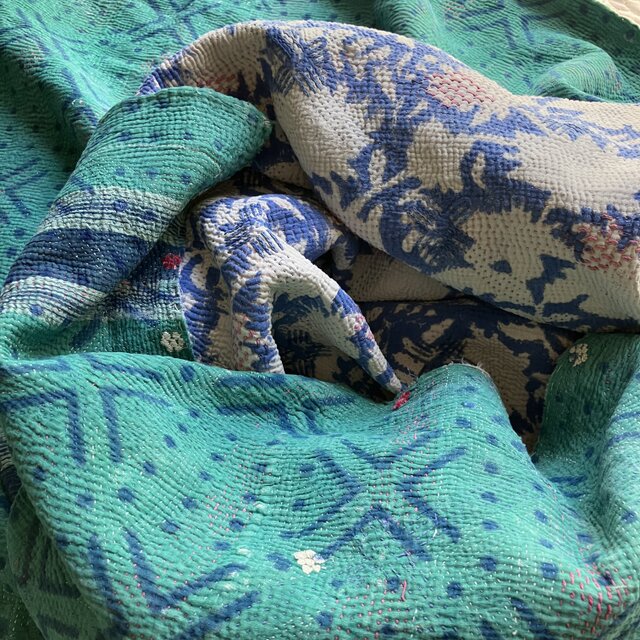 L】花柄 ハンドブロックプリント カンタキルト ソファカバー ブルー