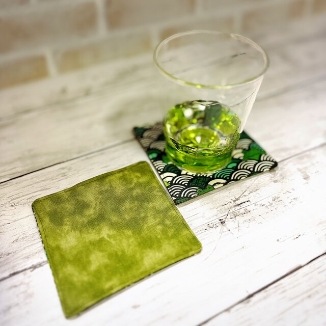 布コースター　【和柄・青海波×蛙★緑】２枚組