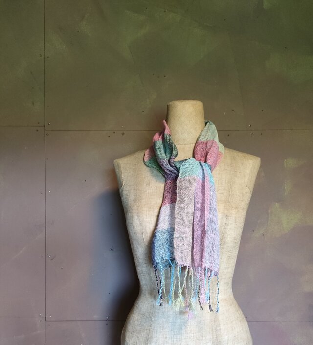 残糸利用　手織り麻綿マフラー　送料無料　