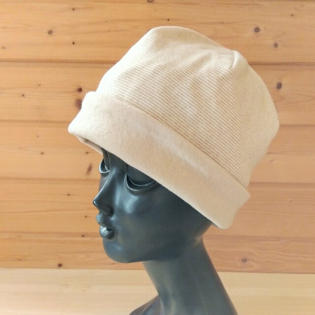 細ボーダー オーガニックコットンとふんわりニットのケア帽子 [size56]＊(杢オレンジベージュ×オフホワイト)×モカベージュ