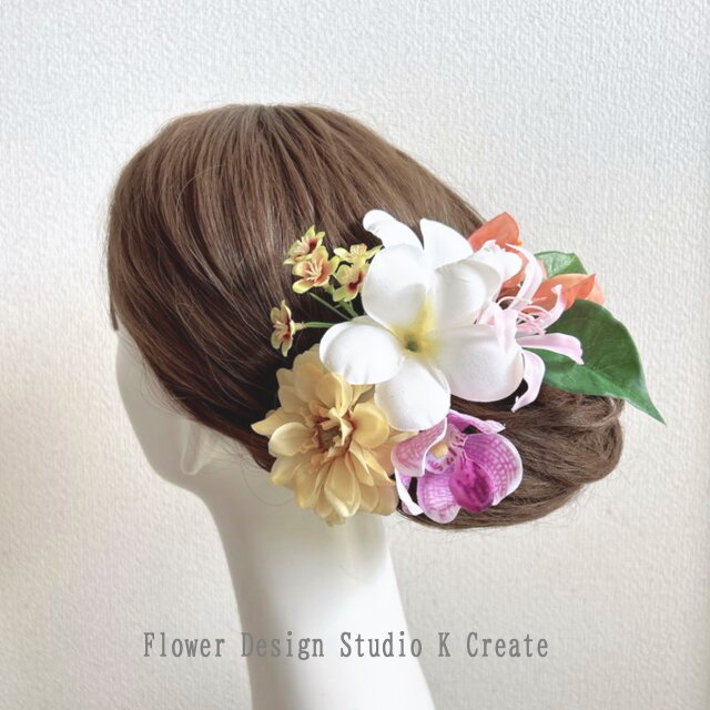 プルメリアとトロピカルフラワーのヘッドドレス　ウェディング　結婚式　ヘッドドレス　プルメリア　リゾ婚　オーキッド