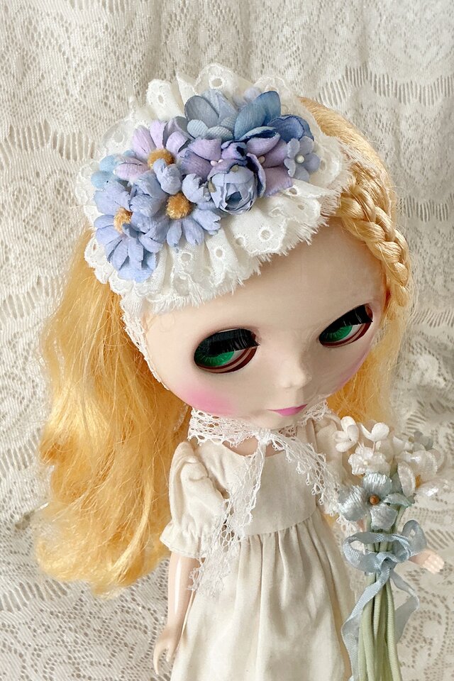 ドール用レースと染め花のスモールヘッドドレス(MLフリー・デイジー&小