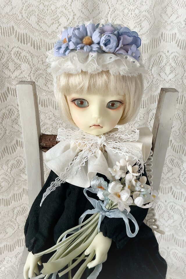 プチブライス♡お花のヘッドドレスコーデ♡ ドール用レースと染め花のスモールヘッドドレス(MLフリー・デイジー&小
