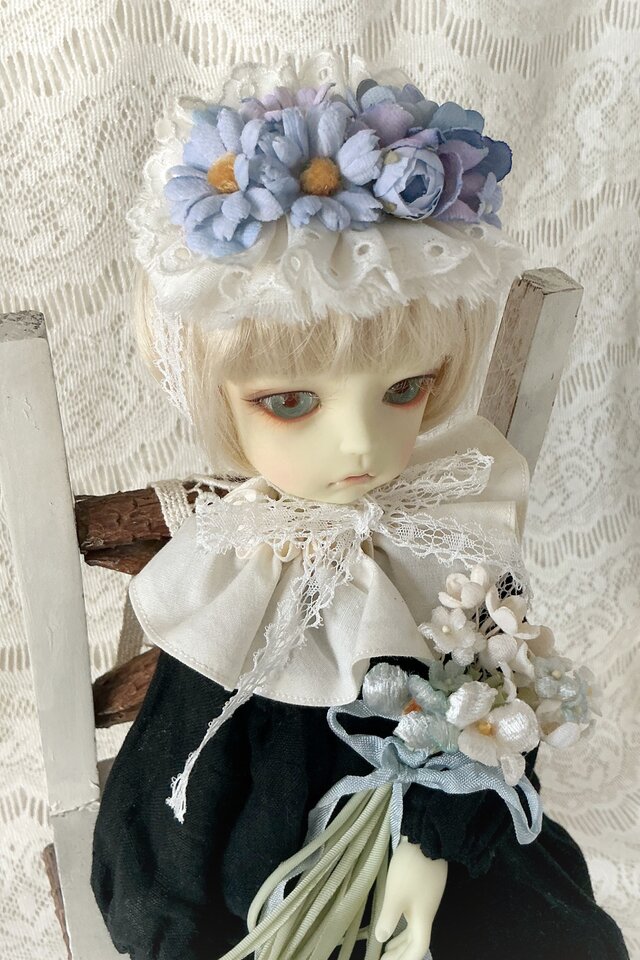 ドール用レースと染め花のスモールヘッドドレス(MLフリー・デイジー&小
