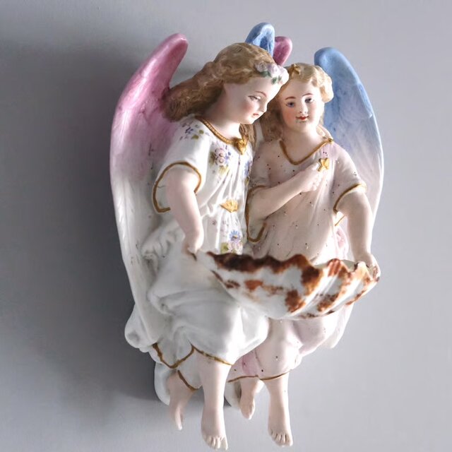 ベニティエ 聖水盤 二人 天使 ビスク ポリクローム 彩色 h24cm