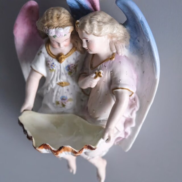 ベニティエ 聖水盤 二人 天使 ビスク ポリクローム 彩色 h24cm
