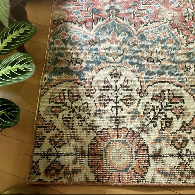 51×101 コーラルピンク×くすみブルー ボタニカル トルコ