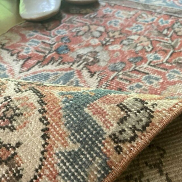 コーラルピンク49×88くすみ淡ブルー　ハーフメダリオン　トルコヴィンテージラグ ウール柔らか／54×50ピーチ淡コーラル くすみネイビー トルコ