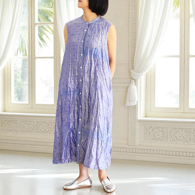 パトラ織りシルクサリークリンクルワンピース【ブルー】