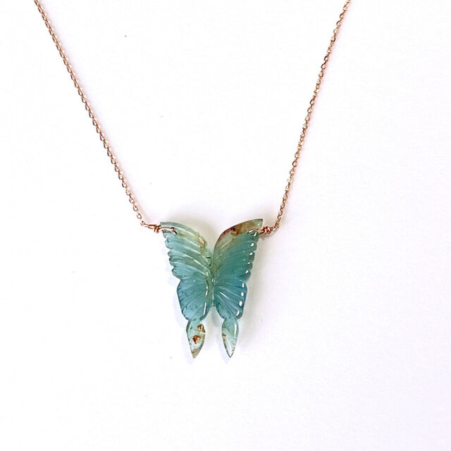 ブルー・トルマリン*バタフライ ルースネックレス K10ピンクゴールド