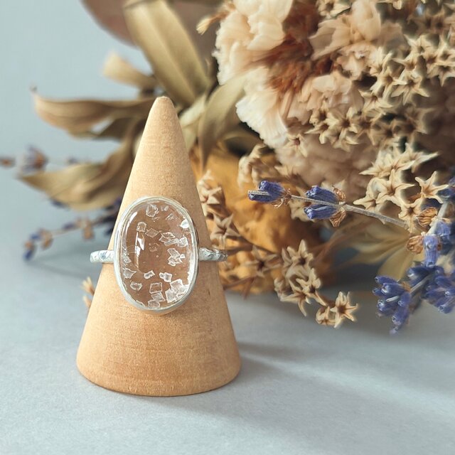 【1点もの】カルサイトインクォーツ/結晶/槌目/透明/クリア/四角/覆輪/純銀/silver925/リング【13号】