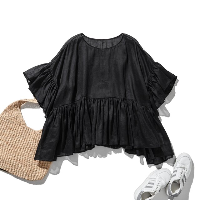 ふんわりエアリーポトップ プルオーバータイプ 麻100％　ブラック　250709-2